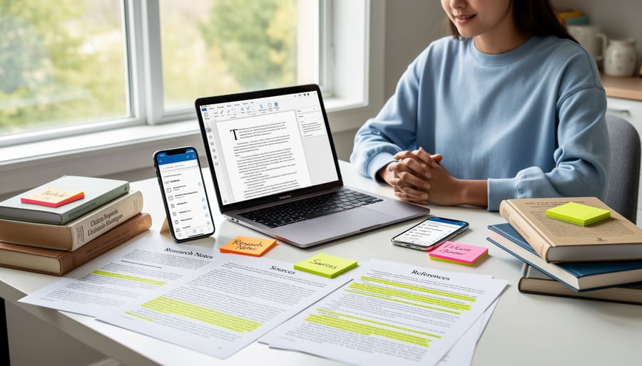 Freelance writer's workspace showing laptop, notebook with citations, and reference materials