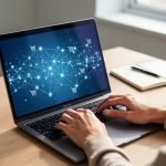 Freelance writer typing at a minimalist desk, laptop showing an abstract blockchain network with small shopping cart icons, soft side daylight, and a blurred background with a plant, notebook, and coffee.