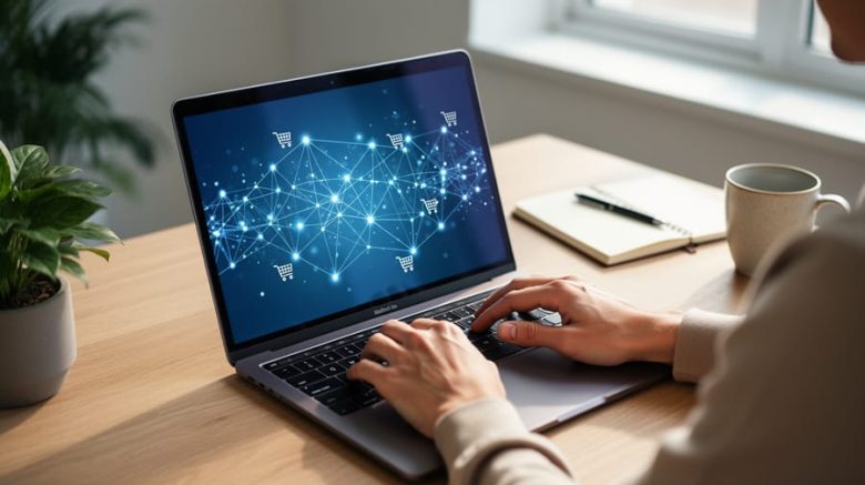 Freelance writer typing at a minimalist desk, laptop showing an abstract blockchain network with small shopping cart icons, soft side daylight, and a blurred background with a plant, notebook, and coffee.