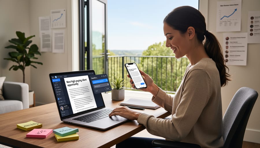 Freelance writer's workspace showing multiple client projects and professional portfolio