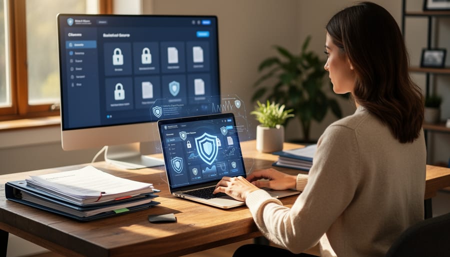Freelance writer working on laptop at home office desk