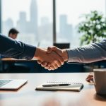 Close-up of a freelancer and client shaking hands over a desk with a laptop, notebook, and coffee in a bright modern office, symbolizing transparent collaboration and trust.