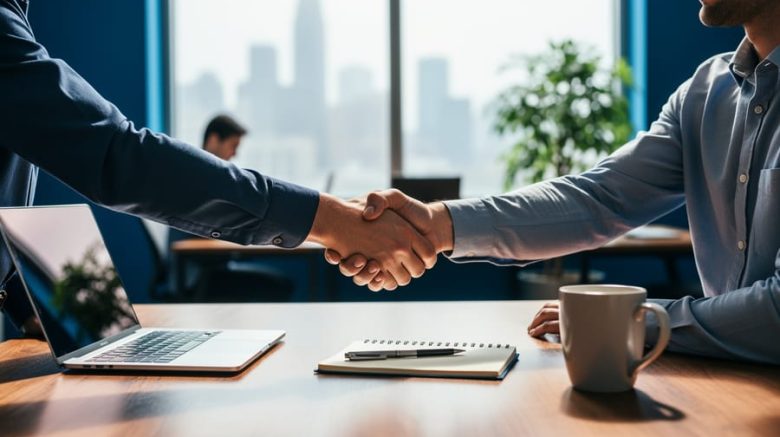 Close-up of a freelancer and client shaking hands over a desk with a laptop, notebook, and coffee in a bright modern office, symbolizing transparent collaboration and trust.
