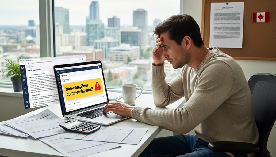 Worried freelancer at home office desk concerned about email compliance