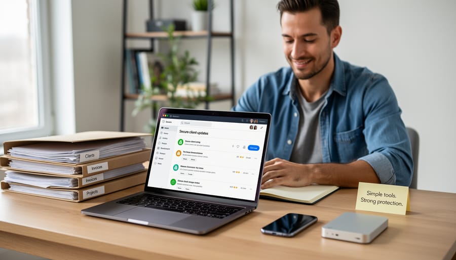 Freelancer working on laptop and smartphone managing email communications