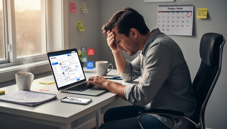 Freelancer looking stressed while working at laptop seeking help