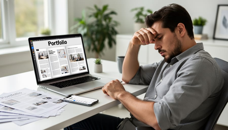 Frustrated freelance writer at desk contemplating their portfolio strategy