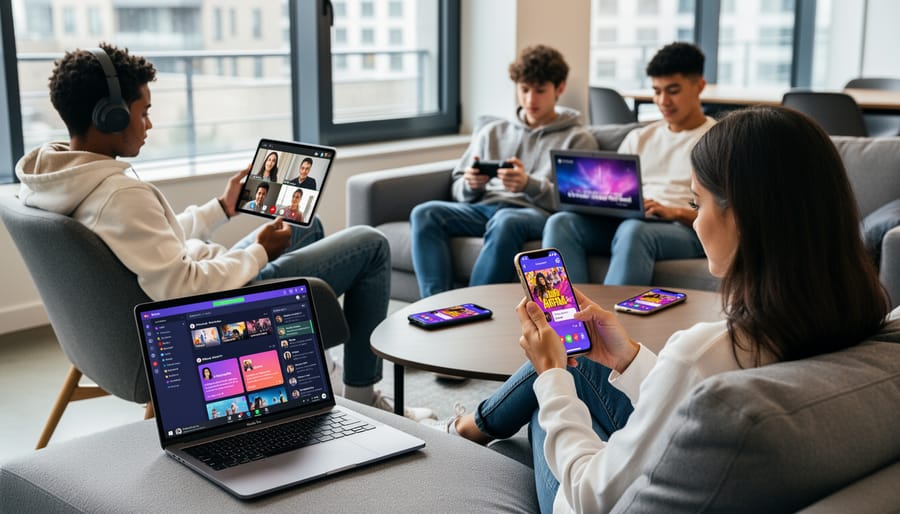 Diverse Gen Z young adults using smartphones and laptops in modern workspace