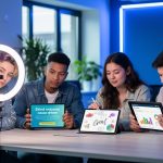Four Gen Z young adults at a coworking table: one records a vertical video with a smartphone and ring light, one reads on a tablet with a leaf pin and reusable bottle nearby, one sketches designs on a tablet, and one reviews finance graphs; bright natural light, blurred background, no readable text.