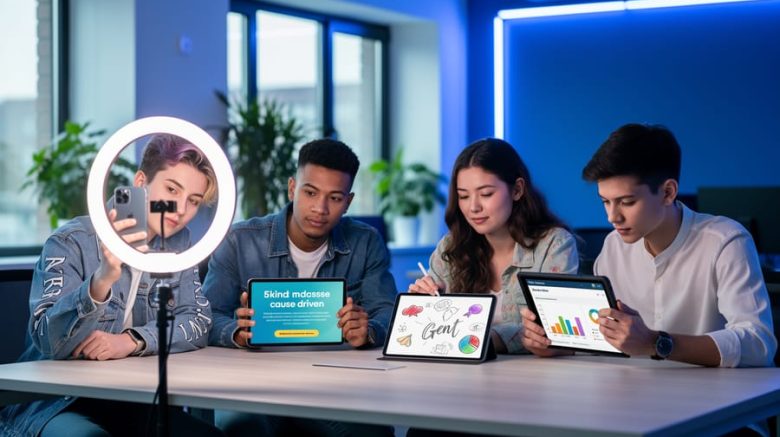 Four Gen Z young adults at a coworking table: one records a vertical video with a smartphone and ring light, one reads on a tablet with a leaf pin and reusable bottle nearby, one sketches designs on a tablet, and one reviews finance graphs; bright natural light, blurred background, no readable text.