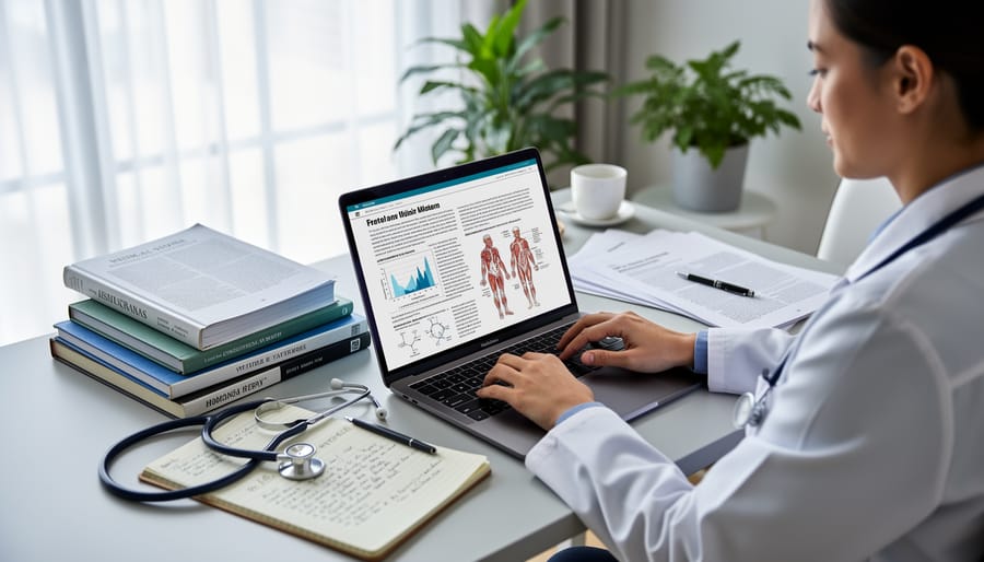 Professional writer working on laptop with medical reference materials in home office