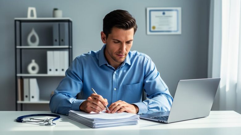 Professional medical writer reviewing printed clinical documents at a clean desk with a stethoscope and laptop, with a softly blurred bookshelf and framed certificate in the background under natural daylight.