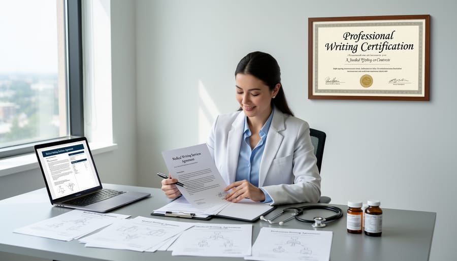 Medical writing certification document with professional seal on desk with medical reference materials