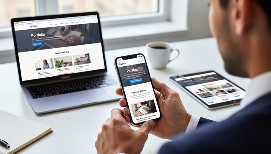 Person reviewing a portfolio website on smartphone screen