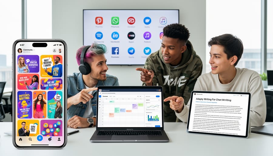 Freelance writer working on multiple devices with social media platforms visible
