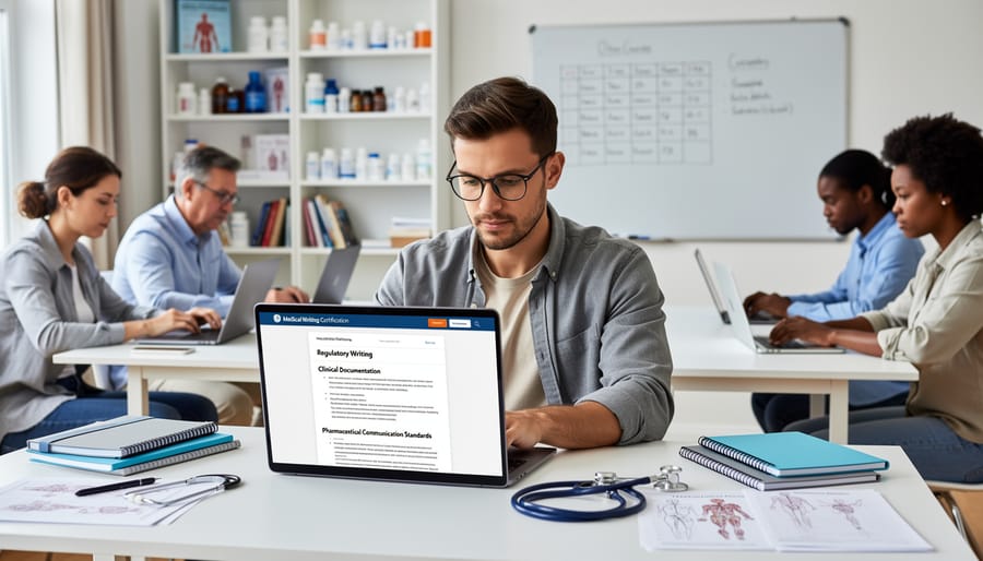 Students participating in online medical writing certification course at computer workstations