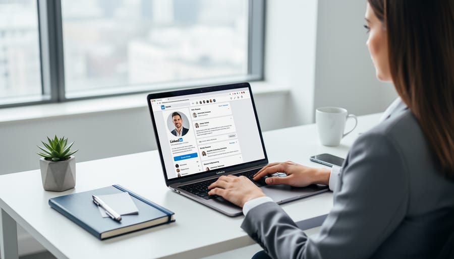 Laptop displaying professional LinkedIn profile being updated by freelance writer