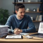 Freelance writer at a desk with printed PDFs on one side and a laptop, tablet, and phone on the other showing a consistent, text-free portfolio layout, illustrating the move from PDFs to responsive web portfolios.