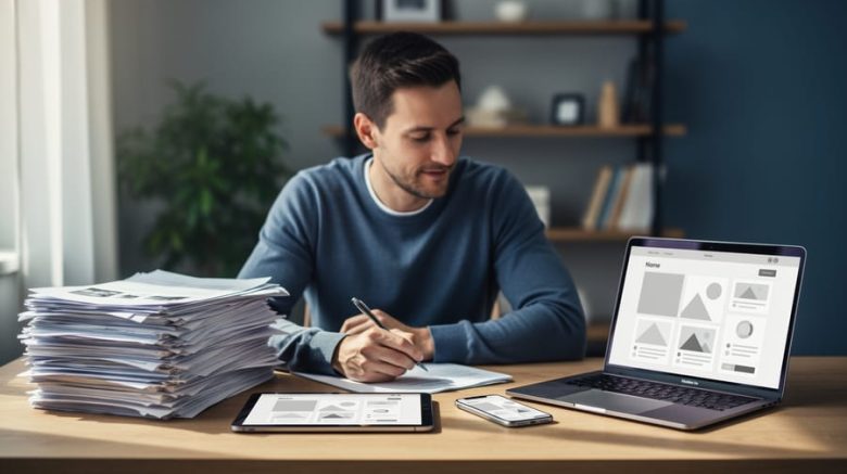 Freelance writer at a desk with printed PDFs on one side and a laptop, tablet, and phone on the other showing a consistent, text-free portfolio layout, illustrating the move from PDFs to responsive web portfolios.