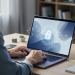 Freelance writer at a laptop in a softly lit home office, with abstract network lines and a glowing lock hovering above the keyboard to symbolize private, on-device AI learning; bookshelf and plant blurred in the background