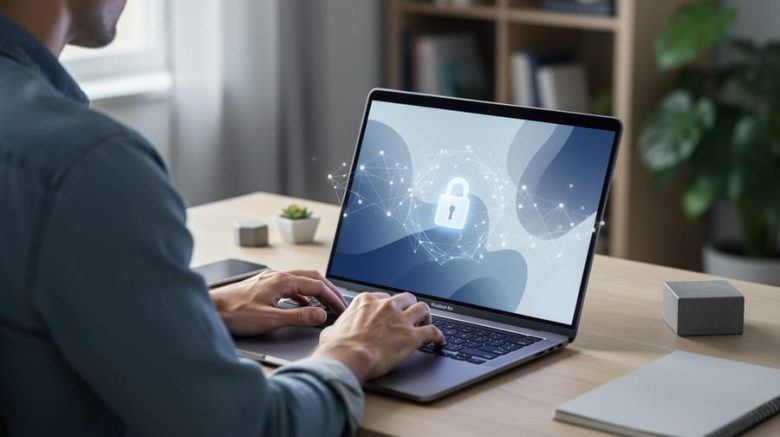 Freelance writer at a laptop in a softly lit home office, with abstract network lines and a glowing lock hovering above the keyboard to symbolize private, on-device AI learning; bookshelf and plant blurred in the background