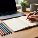 Tidy wooden desk with open blank notebook, hand holding pen, and six aligned colored pencils, with softly lit laptop, plant, and coffee mug blurred in the background.