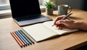 Tidy wooden desk with open blank notebook, hand holding pen, and six aligned colored pencils, with softly lit laptop, plant, and coffee mug blurred in the background.