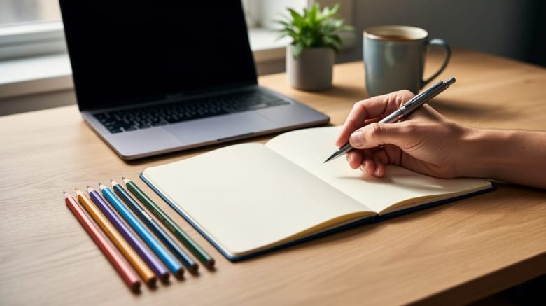 Tidy wooden desk with open blank notebook, hand holding pen, and six aligned colored pencils, with softly lit laptop, plant, and coffee mug blurred in the background.