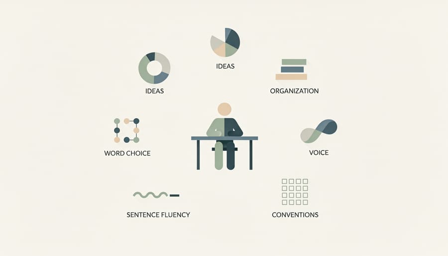 Multiple hands holding various writing tools arranged on a desk from overhead view