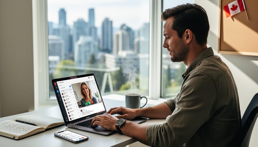 Freelance writer working confidently on laptop in bright home office with plants