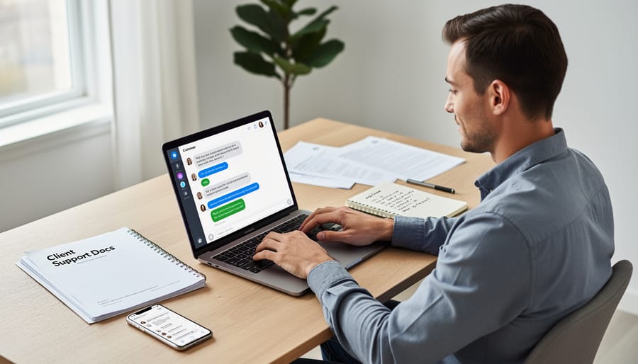 Confident freelancer working successfully at laptop in bright home office