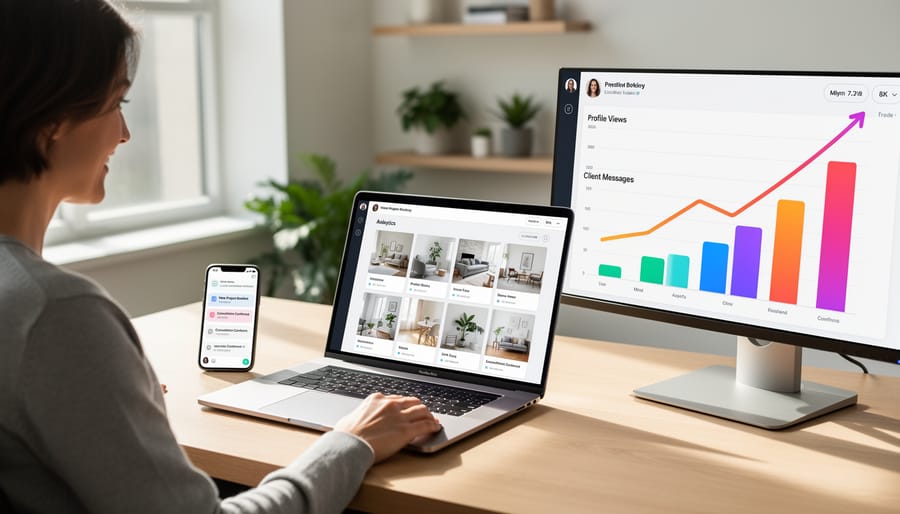 Freelance writer on successful client video call in home office