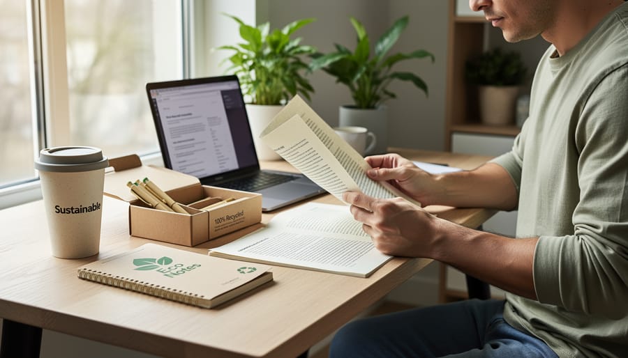 Stack of recycled paper showing natural fiber texture with sustainable office supplies on wooden desk