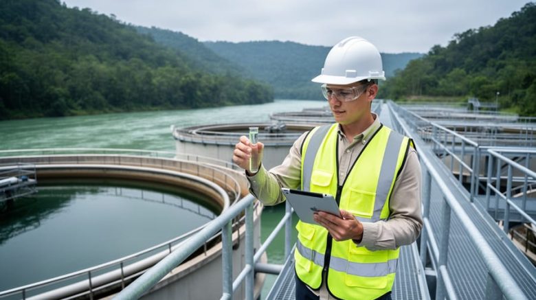 Environmental engineer wearing a hard hat and high-visibility vest holds a water sample and tablet on a catwalk beside circular clarifier tanks at a mine water treatment plant, with a green river and forested hills in the background under bright overcast light.