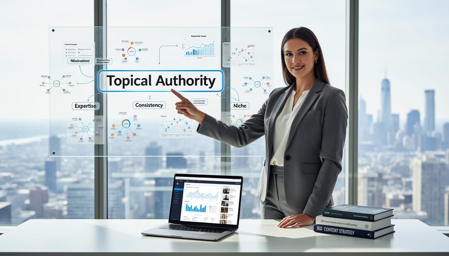 Professional freelance writer in home office with reference books showing niche expertise
