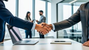 Close-up of two professionals shaking hands across a laptop on a modern office desk, with blurred colleagues talking in the background, symbolizing a client referral.
