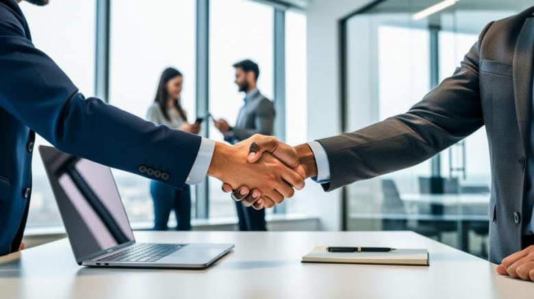 Close-up of two professionals shaking hands across a laptop on a modern office desk, with blurred colleagues talking in the background, symbolizing a client referral.