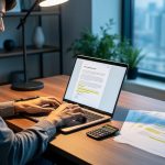 Hands typing on a laptop at a minimalist home office desk with pen, calculator, and non-legible marked printouts, lit by soft daylight, with blurred shelves, plants, and city skyline in the background.