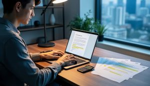 Hands typing on a laptop at a minimalist home office desk with pen, calculator, and non-legible marked printouts, lit by soft daylight, with blurred shelves, plants, and city skyline in the background.