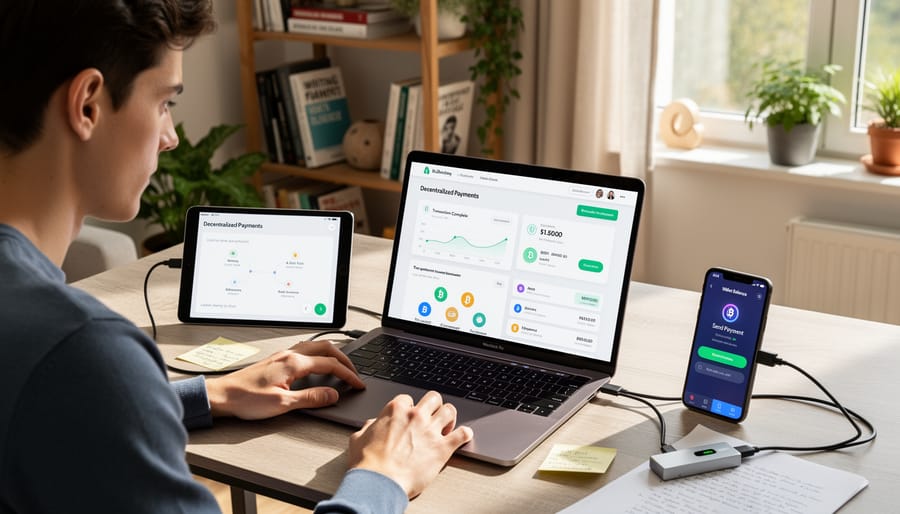 Freelance writer at desk with laptop and smartphone showing digital commerce tools