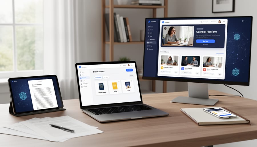 Flat lay of freelance writer's business tools including laptop, phone, and printed materials
