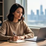 Freelance writer at a home office desk with pen and laptop, lit by soft daylight, with a small globe and woven textiles on a blurred bookshelf and a faint Toronto skyline outside the window; no visible text
