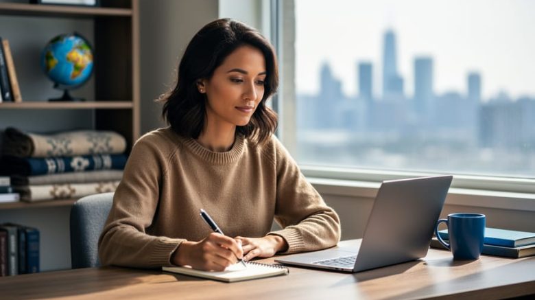 Freelance writer at a home office desk with pen and laptop, lit by soft daylight, with a small globe and woven textiles on a blurred bookshelf and a faint Toronto skyline outside the window; no visible text