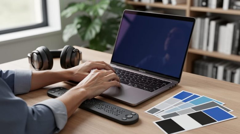 Hands typing on a laptop next to a refreshable Braille display, over-ear headphones, and color swatches on a wooden desk, with a softly blurred home office in the background.
