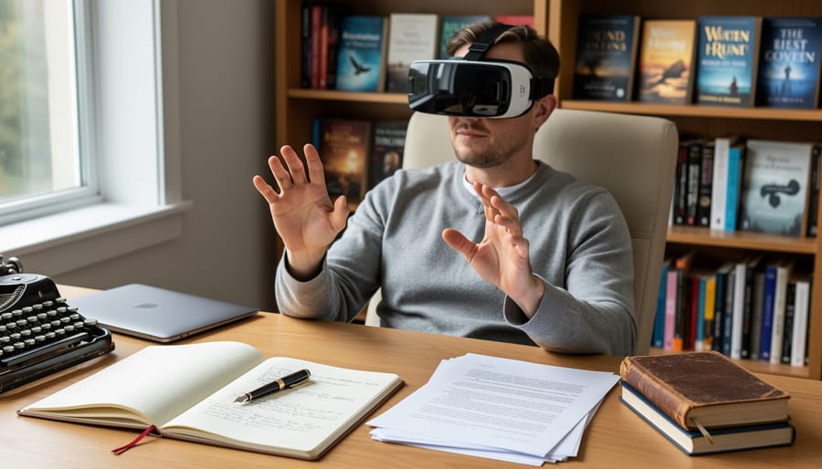 A freelancer writer wearing a VR headset in a room with a notebook and desk lamp nearby.