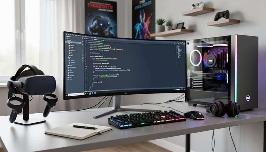 A VR headset, laptop, and game controller on a desk representing a VR development workspace.