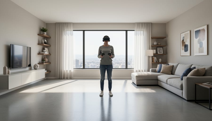 A wide view of a cleared, well-lit room prepared for VR testing with a headset stand in the corner.