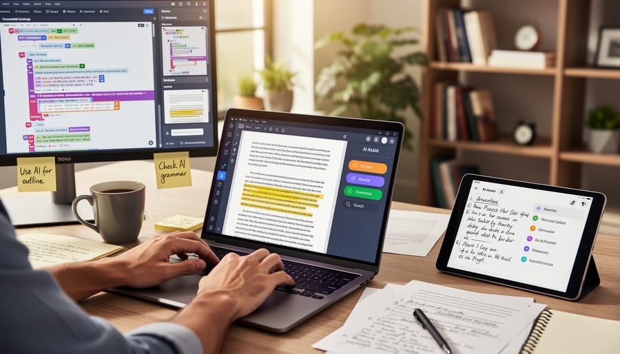 Freelance writer’s desk with laptop and paper materials representing everyday writing work