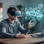 Freelance writer wearing a VR headset in a modern home office, with a holographic interactive environment projected in the air.