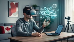 Freelance writer wearing a VR headset in a modern home office, with a holographic interactive environment projected in the air.
